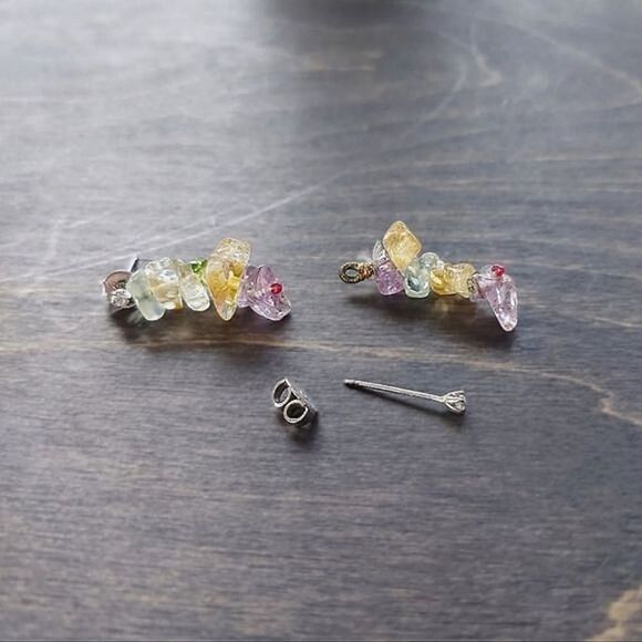 Vtg mixed gemstone rainbow drop earrings - Picture 3 of 7
